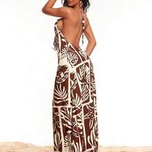 Brown Linen-Feel Bohemian Style Dress, Ocean Print Dress, Sexy Beaded Backless Spaghetti Strap Dress, Vacation Dress, Beach Dress, Loose Comfortable Casual Dress, Suitable For Island Vacation, Beach, Holiday, Casual Outing, Party, Music Festival, Concert, Country Music Event Women's Beach Outfits Women's Holiday Co Ord Women's Summer 2 Pieces Sets Women's Swim Cover Up Bathing Suits For Women With Cover Ups,Summer Dresses For Women - Multicolor - Ver 4
