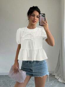 Blusa con volantes y mangas abullonadas con lazo en la parte delantera - Blanco 2 - Ver 4