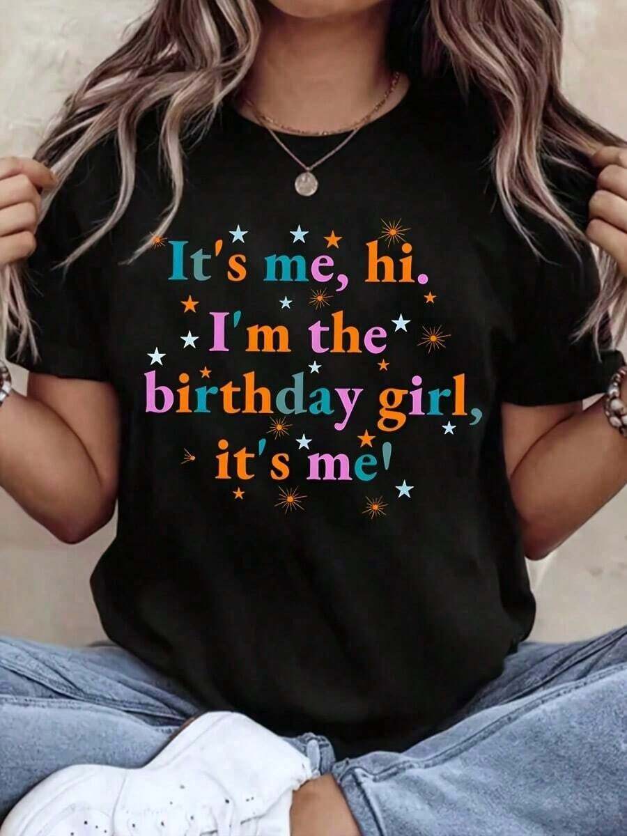 ropa de mujerCamiseta de cuello redondo para mujer con estampado de cita de "Birthday Girl", manga corta, informal, para fiestas y celebracionescamisas de mujer - Negro - Ver 1