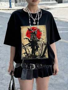 2026 New Cotton-shirtCamiseta de mujer de manga corta y cuello redondo con estampado gráfico, casual y holgada, versátil y de uso diario en color negroLightweight Cotton - Negro - Ver 5