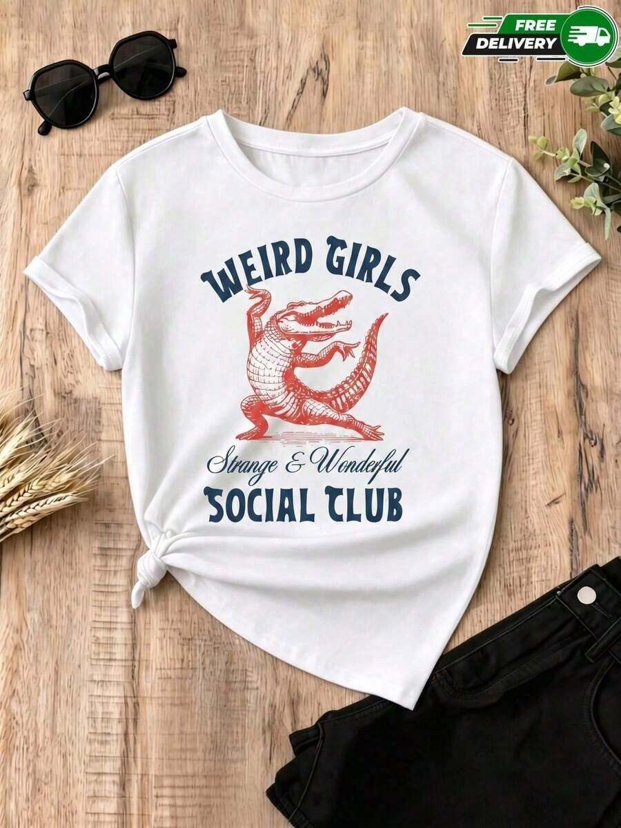 Limited EditionCamiseta para mujer de poliéster en color blanco con estampado de cocodrilo y texto Weird Girls Social Club – casual y transpirable, envío nacional enéxicoLightweight Cotton - Blanco - Ver 1
