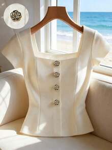 Camiseta de mujer de unicolor con cuello cuadrado y decoración de botones delanteros de manga corta - Albaricoque - Ver 1