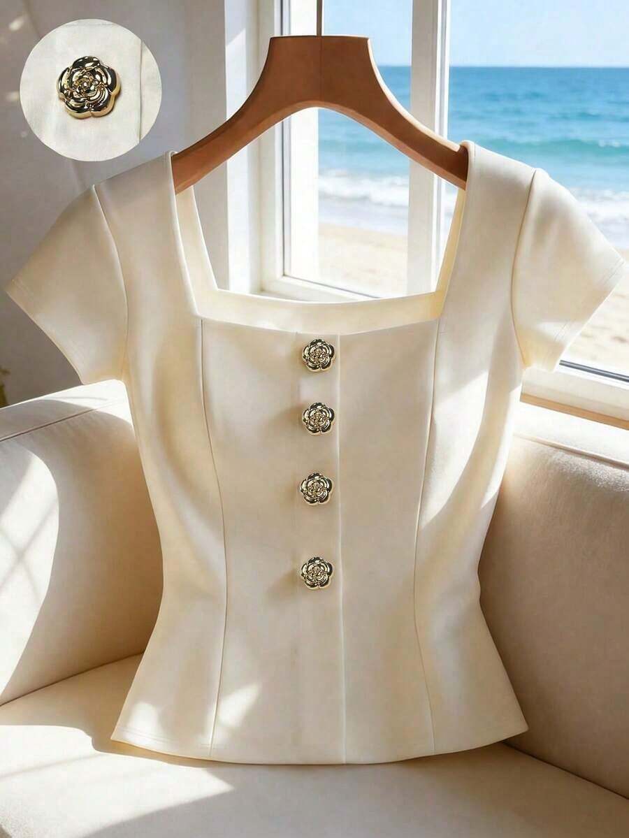 Camiseta de mujer de unicolor con cuello cuadrado y decoración de botones delanteros de manga corta - Albaricoque - Ver 1