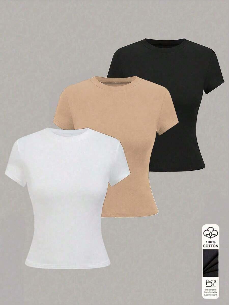 1 pieza Camiseta de manga corta informal de unicolor para mujer - Multicolor 17 - Ver 1