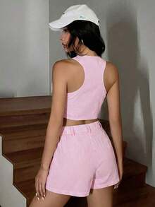 Conjunto de chaleco sin mangas y pantalones cortos a rayas azul y blanco, apto para primavera/verano y otoño/invierno - Rosa - Ver 2