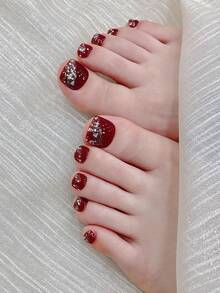 10 piezas de uñas postizas para los pies hechas a mano para fiestas y uso diario, fáciles de usar, adecuadas para niñas y mujeres en festivales, fiestas y festivales de música, regalo para el Día de San Valentín y el Día de la Madre. Uñas - Rojo - Ver 2