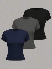 Camiseta casual de mujer de manga corta de unicolor, versátil - Multicolor 12 - Ver 10