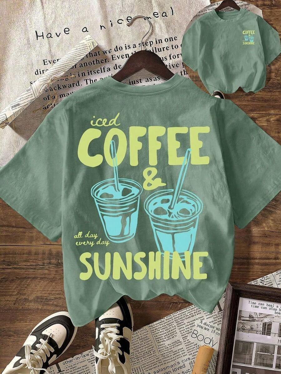 Camiseta gráfica COFFEE CLUB, camiseta casual de manga corta con cuello redondo para mujer, adecuada para verano, vacaciones, playa rosa. - Vert - Ver 1