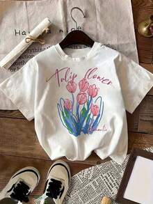 Women's Casual T-Shirt, Short Sleeve, With Hand-Painted Tulip Print On Green Stem - Comfortable And Classic Design, Round Neck, Suitable For All Seasons, 100% Cotton, Durable - 白色 - 查看 7