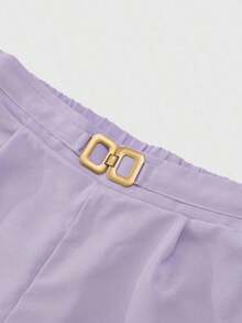 Conjunto informal de mujer con blusa de cuello en V plisada y pantalones de pierna ancha de unicolor - Morado - Ver 5