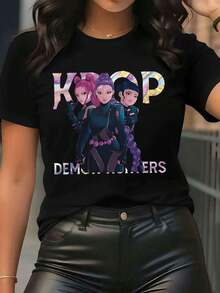 Camiseta gráfica K-Pop para mujer - Diseño "DEMOC" con personaje de cabello rosa, camiseta casual negra de cuello redondo para primavera, verano y otoño, moda diaria, talla estándar, camiseta para uso diario.| Ropa Casual| Comfortable Fit, Short Violet Cosplay Wigofertas playera de hombretops sudaderas para mujer Y2k Camiseta Camisa De - Negro - Ver 2