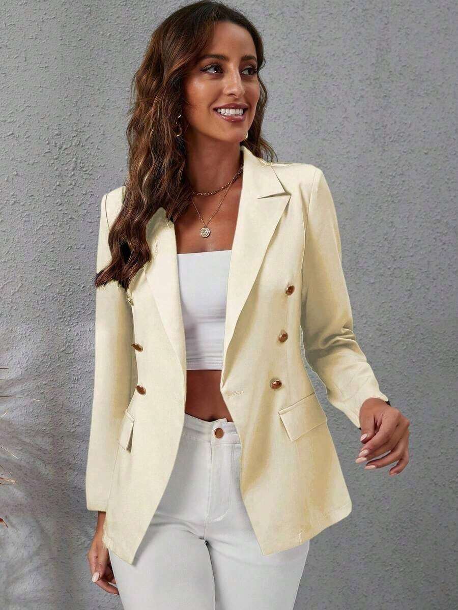 Blazer informal de unicolor de doble botonadura para mujer, chaqueta de verano para mujer, chaqueta morada, blazers para mujer - amarillo ganso - Ver 1