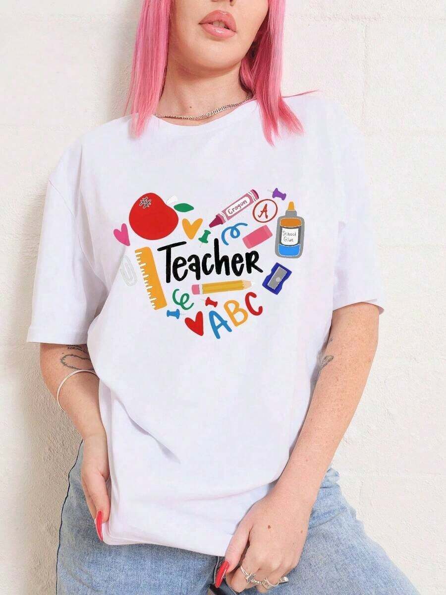 WOOAVIVA Women's T-Shirt, Soft 100% Cotton, Fashionable For Summer, Y2K Style Cleanfit, Casual, Slim Fit, Colorful, ABC Teacher Design, Perfect Gift For Teachers, School Professors, Back To School, Teacher Appreciation, Casual, Perfect For All Seasons, Women's Printed Blouse. - 白色的 - 查看 1