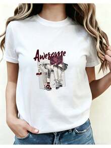 Women's Solid Color T-Shirt, Short Sleeve, Regular Fit, With 2D Geometric Paint Print, Featuring The Text "Two Fashionable Women Awesome Can Do Anything" To Highlight Female Power, Casual Short Sleeve Top 01, Printed Round Neck T-Shirt For All Seasons. - 白色 - 查看 6