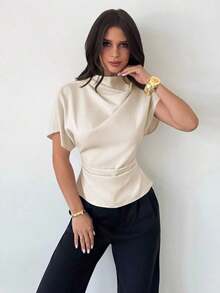 Blusa de bambú y lino con cuello arrugado, mangas asimétricas, plisado lateral y cintura ceñida, para uso diario, color albaricoque, para todas las estaciones - Beis - Ver 7