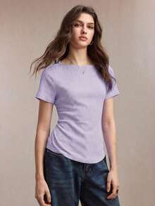 Nueva camiseta de punto texturizada con cuello de barco color café con leche, diseño de lazo ajustable en la cintura, versátil para la oficina, el transporte, los negocios, las ocasiones sociales, estilo Y2K - Morado - Ver 3