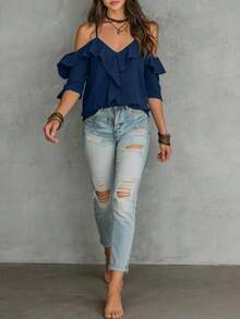 Blusa de volantes con hombros descubiertos de unicolor, estilo de vacaciones de playa para mujer - Azul marino - Ver 3