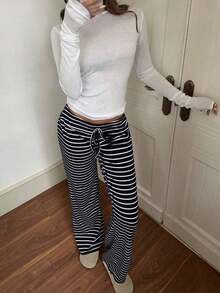 Pantalones deportivos de mujer de tiro bajo a rayas con cordón para la cintura, pantalones anchos de yoga/para el hogar, otoño/invierno - Azul y blanco - Ver 11
