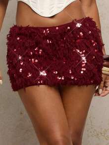 Falda corta de fiesta para mujer, color albaricoque, con lentejuelas, borlas y borde de pelo, falda de lentejuelas a la moda, para el festival de música de Chicago, salidas nocturnas, falda de Halloween, festival de música country, falda para citas, fiesta rave, concierto, Día de San Valentín, atuendos de San Valentín para mujer. - Burdeos - Ver 4
