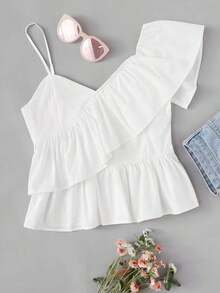 Kawaii Blusa con cuello asimétrico y ribete de volantes de moda Y2K para mujer - Blanco - Ver 6