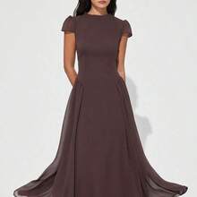 Elegant French Luxury Chiffon Dress, Stand Collar, Puff Sleeves, A-Line Silhouette, Waist Cinched, Flared Hem, Midi Length, Back Zipper Closure, Lining, Classic Solid Color, Casual Versatile, Suitable For Daily Occasions - Verde - Ver 4