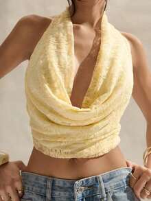 Blusa elegante y sexy de mujer con cuello drapeado y espalda descubierta de unicolor - Amarillo claro - Ver 5