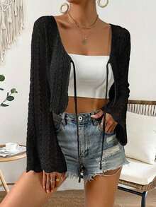 Cárdigan de punto calado de color liso casual para vacaciones - Negro - Ver 6