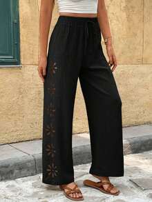 Frenchy Pantalones anchos de pierna ancha con cordón en la cintura, de unicolor y con corte láser, estilo casual de vacaciones para mujer - Negro - Ver 3