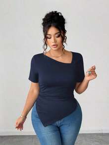 Camiseta de manga corta de cuello asimétrico para mujer talla grande, top ajustado versátil y elegante de alta gama, adecuado para primavera/verano - Azul marino - Ver 4