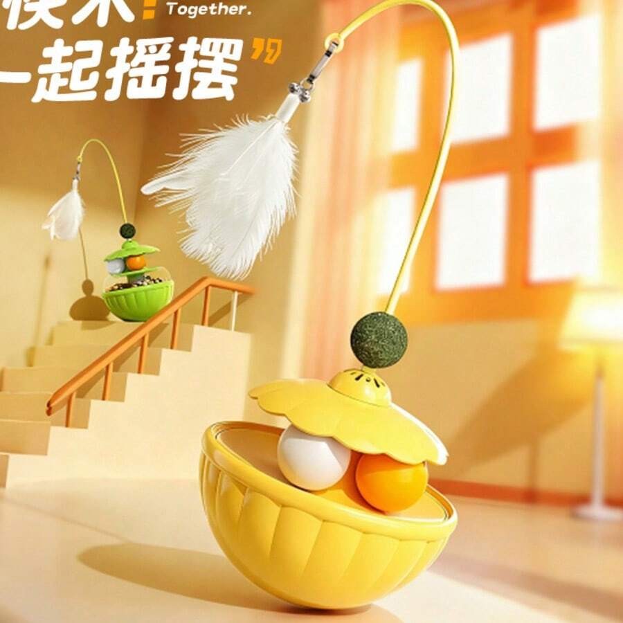 Đồ chơi cho mèo tự cân bằng kèm bóng cỏ mèo và que lông vũ, đồ chơi xoay lật kiêm máng ăn xếp hình. - Nhiều màu - Xem 1
