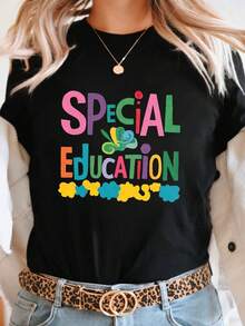 Camiseta de Algodón para Mujer con Diseño Simple y Versátil, Estampado de Ilustraciones Educativas, Manga Corta, Cuello Redondo, Estilo Casual, Ideal para Verano y Primavera. - Negro - Ver 1