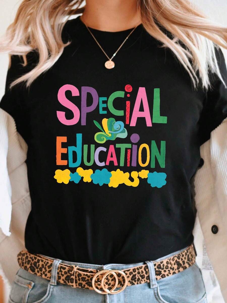 Camiseta de Algodón para Mujer con Diseño Simple y Versátil, Estampado de Ilustraciones Educativas, Manga Corta, Cuello Redondo, Estilo Casual, Ideal para Verano y Primavera. - Negro - Ver 1