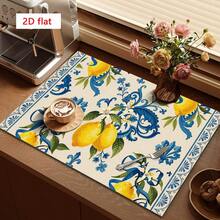 1pc Dish Drying Mat, Coffee Machine Pad, Yellow Lemon & Blue Baroque Leaf Pattern Absorbent Draining Mat, Suitable For Dining Table, Cafe, Multi-Purpose Drainage Pad, Home Gift, Tabletop Decor - XYLSD-351 - View 2