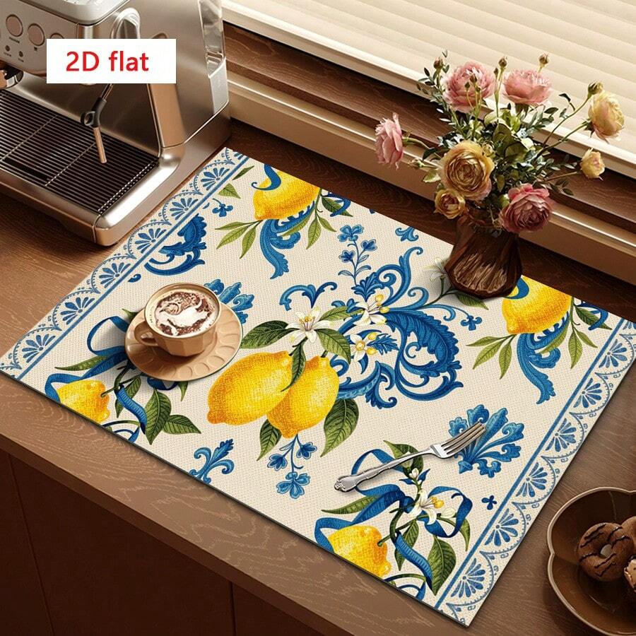 1pc Dish Drying Mat, Coffee Machine Pad, Yellow Lemon & Blue Baroque Leaf Pattern Absorbent Draining Mat, Suitable For Dining Table, Cafe, Multi-Purpose Drainage Pad, Home Gift, Tabletop Decor