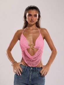 Top sin espalda con halter bordado de encaje y cuentas, apropiado para vacaciones en la playa - Rosa Pálido - Ver 4