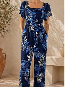 Long Jumpsuit, Thermal Print, All-Over Print, Polyester, Embroidered, With Belt, Buttons, Front Zipper, Birthday Party, Dating, Spring/Summer. - 藏蓝色 - 查看 1