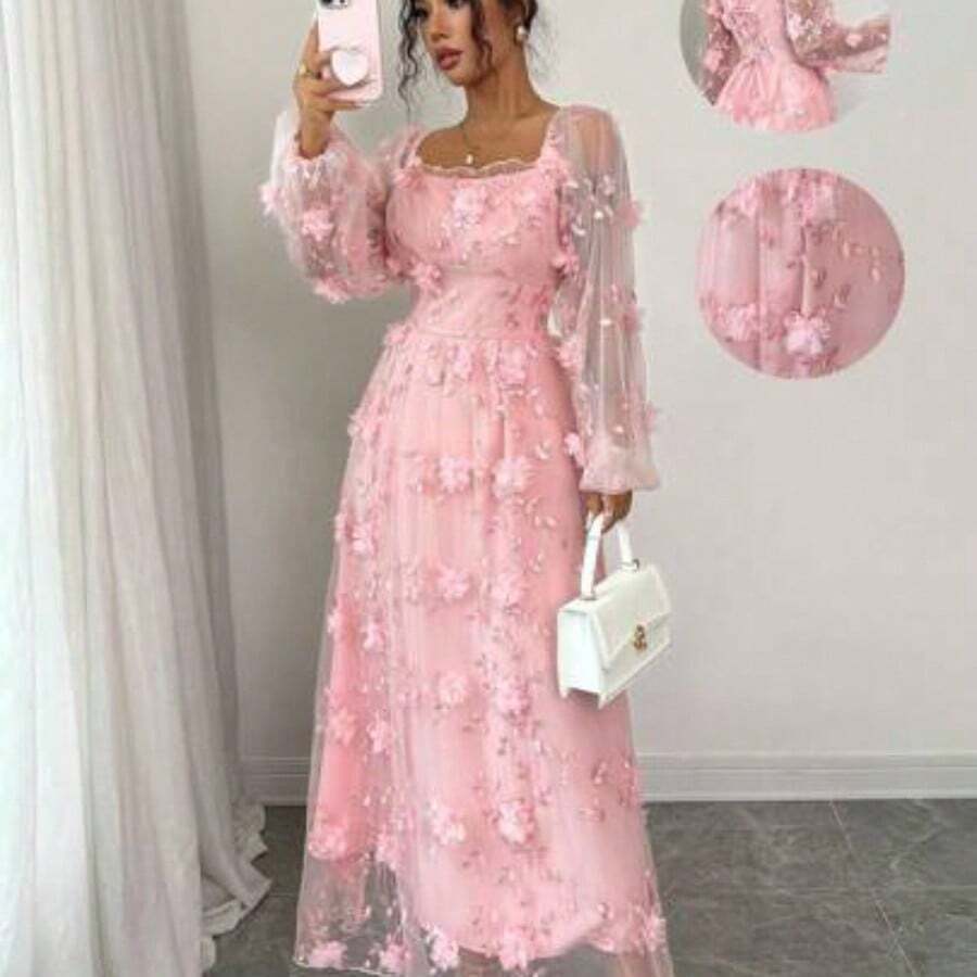 Elenzya Women's Elegant Retro Charming Princess Gentle Lady Net Yarn Long Sleeve Square Collar Waist A-Line Fluffy Hem Solid Color 3D Floral Embroidered Net Dress Fall Cloth For Women - Rosa - Ver 1