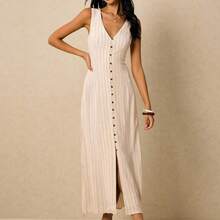 Women's Dresses Linen Dresses Tie Back Waist Button Placket Striped Dress Vest Dress Boho Holiday Women's Sleeveless Striped Dress Casual Vacation Y2k Clothes Country Concert Outfit Old Money Streetwear Going Out Outfits Vintage - Blanco - Ver 5