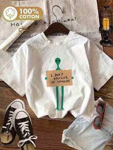 Women's Funny Alien Graphic T-Shirt - I Don't Believe In Humans Slogan & Extraterrestrial Print - 100% Casual Crew Neck Short Sleeve For Summer And Spring - White With Green Alien Design For Sci-Fi Fans And Casual Wear - Relaxed Fit T-Shirt With Playful Alien Holding A Sign - Lightweight And Breathable Machine Washable Fabric For Warm Weather - 白色 - 查看 6