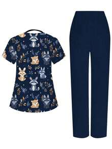Conjunto de 2 piezas con top de manga corta con cuello en V blanco con bolsillo y diseño de oreja colgante, estampado de mariposa y flores, y pantalón recto para mujer, uniforme de enfermera de primavera/verano, conjunto casual, uniforme - Azul - Ver 2