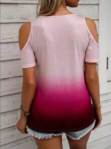 Blusa de manga corta con hombros descubiertos, diseño de cuello en forma de corazón, estampado de rayas y parches de unicolor, apropiada para primavera/verano, uso casual y laboral - Rojo - Ver 2