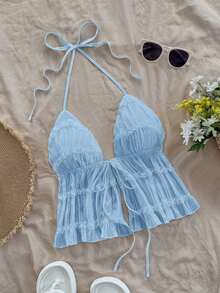 Nuevo top sin espalda con tirantes ajustables y textura, para primavera, verano, Pascua, festivales de música electrónica, estilo occidental para mujer, bohemio, vaquera, modesto, estilo fairy core, vacaciones tropicales, despedida de soltera, - Azul - Ver 4