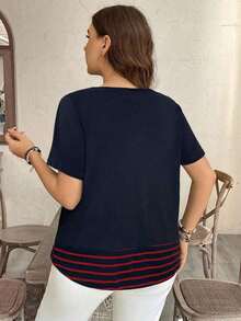 Camiseta casual de talla grande con bolsillo y rayas de contraste, prenda de vestir occidental estilo boho bohemio, top de festival de los 90, verano y primavera - Azul - Ver 2