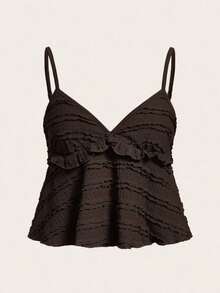 Blusa de tirantes de mujer con volantes de tela texturizada de unicolor para el verano y vacaciones - Café integral - Ver 1