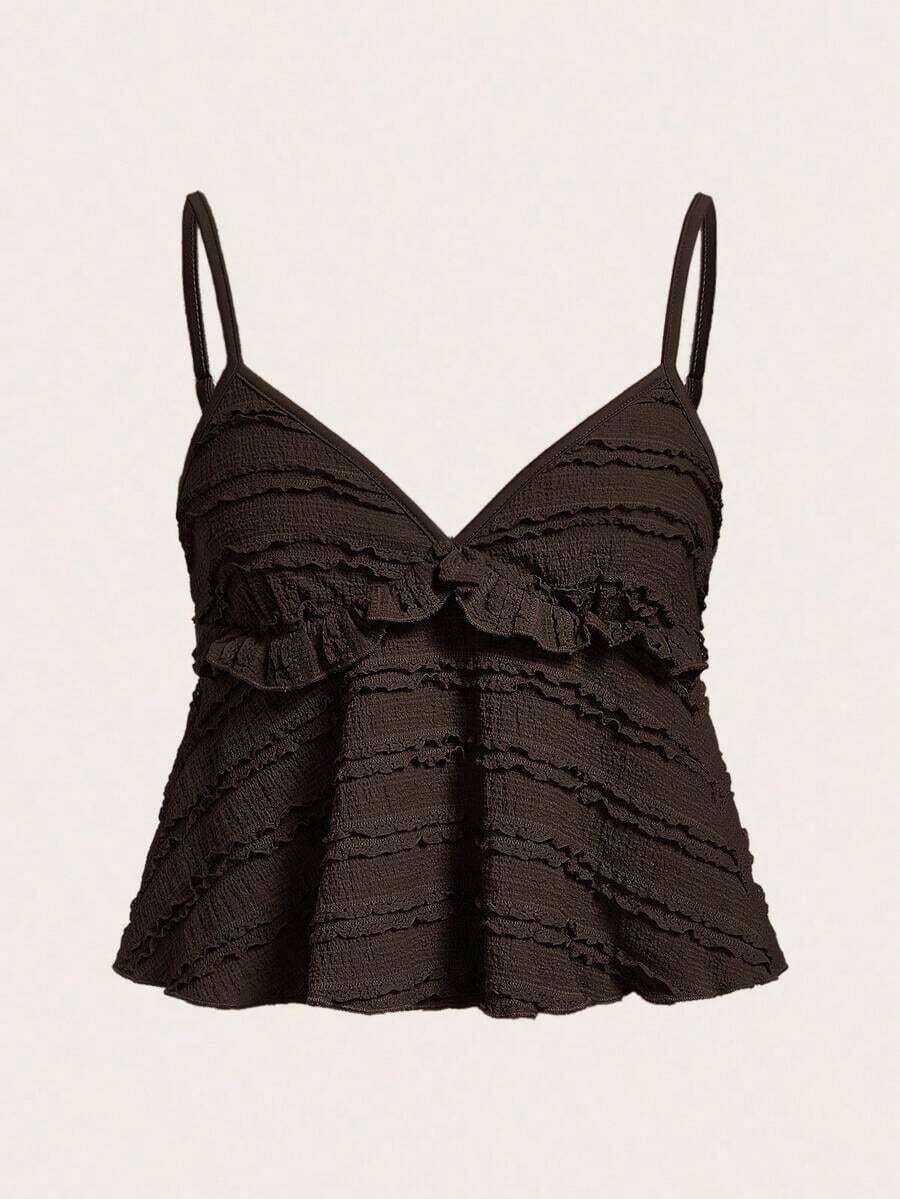 Blusa de tirantes de mujer con volantes de tela texturizada de unicolor para el verano y vacaciones - Café integral - Ver 1