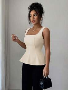 Blusa elegante de cuello cuadrado sin mangas para mujer, adecuada para la oficina, el transporte, el té de la tarde, las fiestas, las vacaciones y ocasiones casuales - Albaricoque - Ver 5