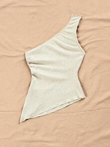 Camiseta de tirante único de punto jacquard texturizado de color beige para mujer, adecuada para fiesta, cita, Día de San Valentín, Pascua, carnaval, té de la tarde, playa, crucero, vacaciones en la ciudad - Blanco - Ver 2