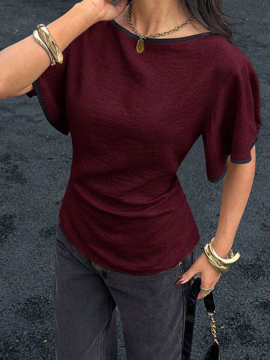 Camisa casual de mujer con ribete de contraste en la cintura y manga corta, para verano - Burdeos - Ver 1