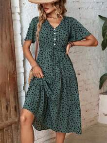 Vestido largo de mujer con estampado de dálmata, drapeado frontal y volante en el bajo - Verde Oscuro - Ver 6