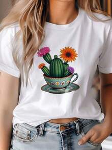 Camiseta con estampado de cactus Wo YK, diseño suave de cactus pastel con taza floral, cactus en taza verde azul, eta rosa, ligerara verano y otoño, casual, uste relado, cuello redondo, manga corta, blusara eventos temáticos, transpirable, camisa de uso diario - Blanco - Ver 2